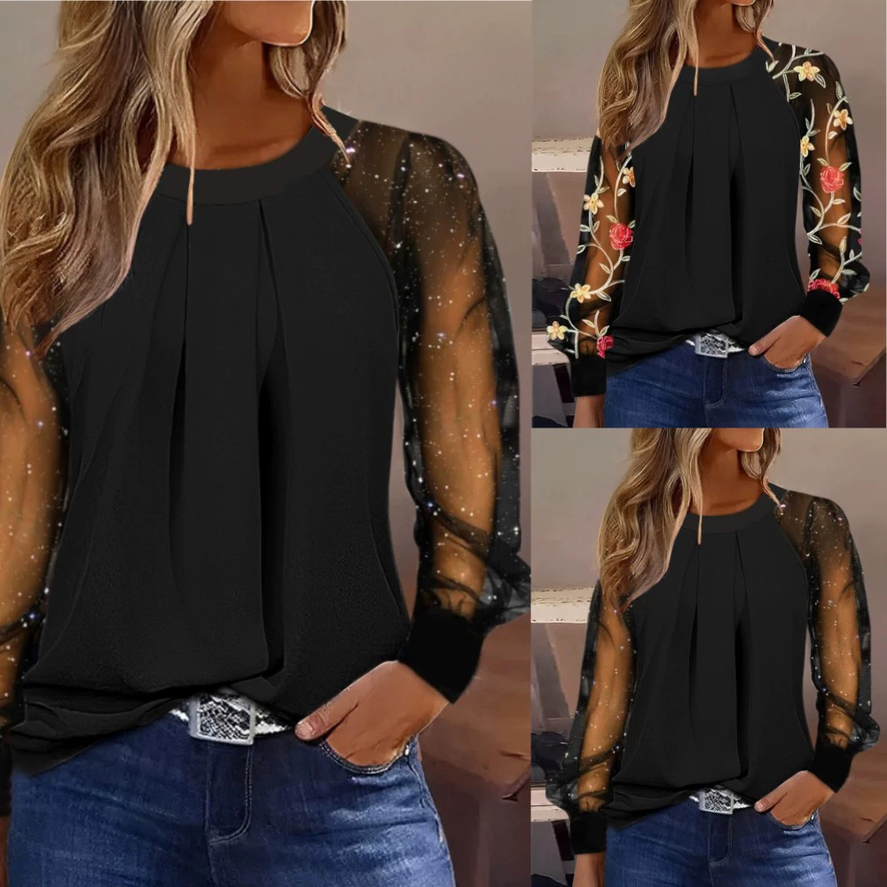 ZARA Womens Fall Fashion Long Sleeve Round Neck Lace Patchwork Shirt